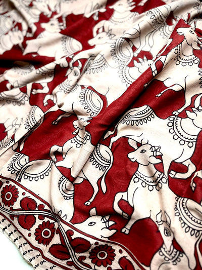 Handcrafted Kalamkari Cotton Saree - Persian Maroon + Soft Cream