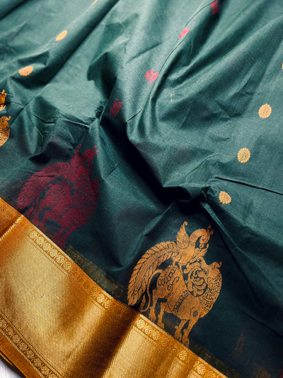 Kanchi Cotton Saree - Deep Green + Fuel Yellow
