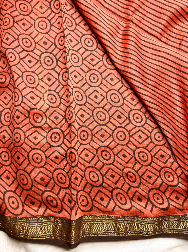 Handblock Printed Silk Cotton Saree - Thunderbird Red + Russian Black