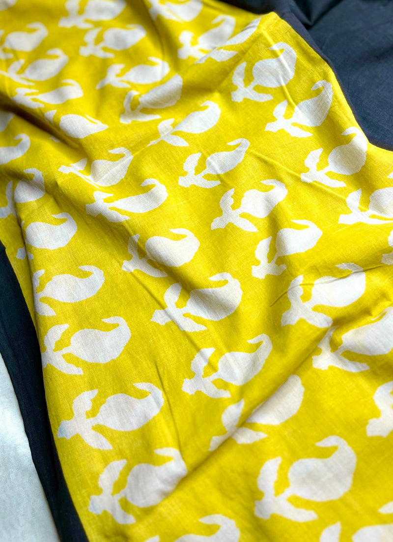 Handblock Printed Cotton Saree -  Pearl Black + Sunflower Yellow