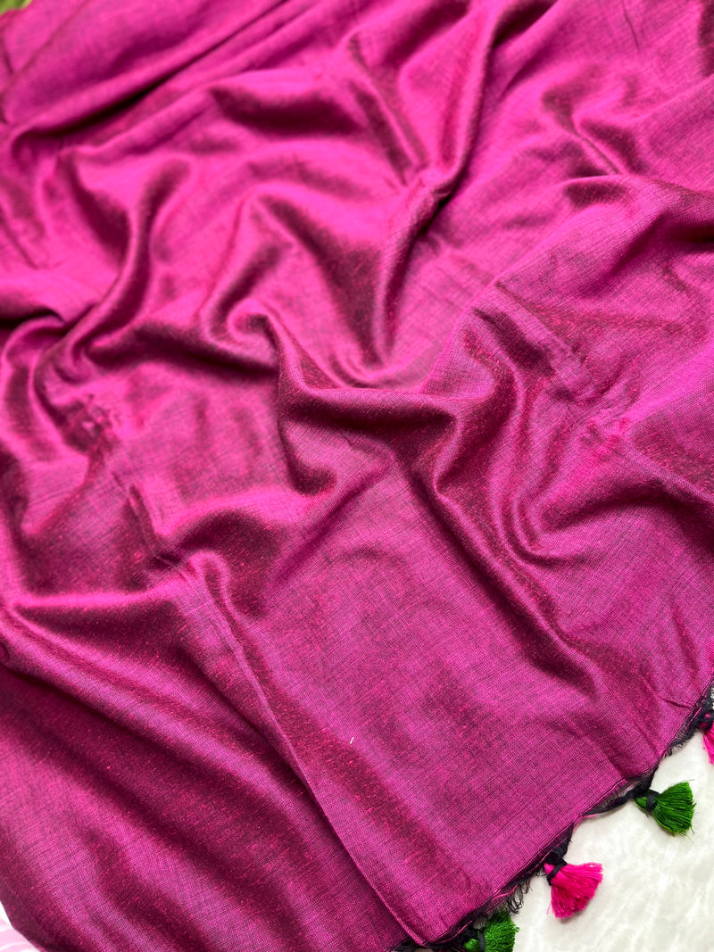 Khadi Cotton Saree - Olive Green+ Mulberry Pink