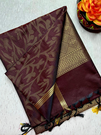 Soft Silk Saree  - Brown Derby + Golden Zari