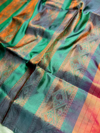 Handwoven Art Silk Saree -  Crimson Orange + Deep Sea Green