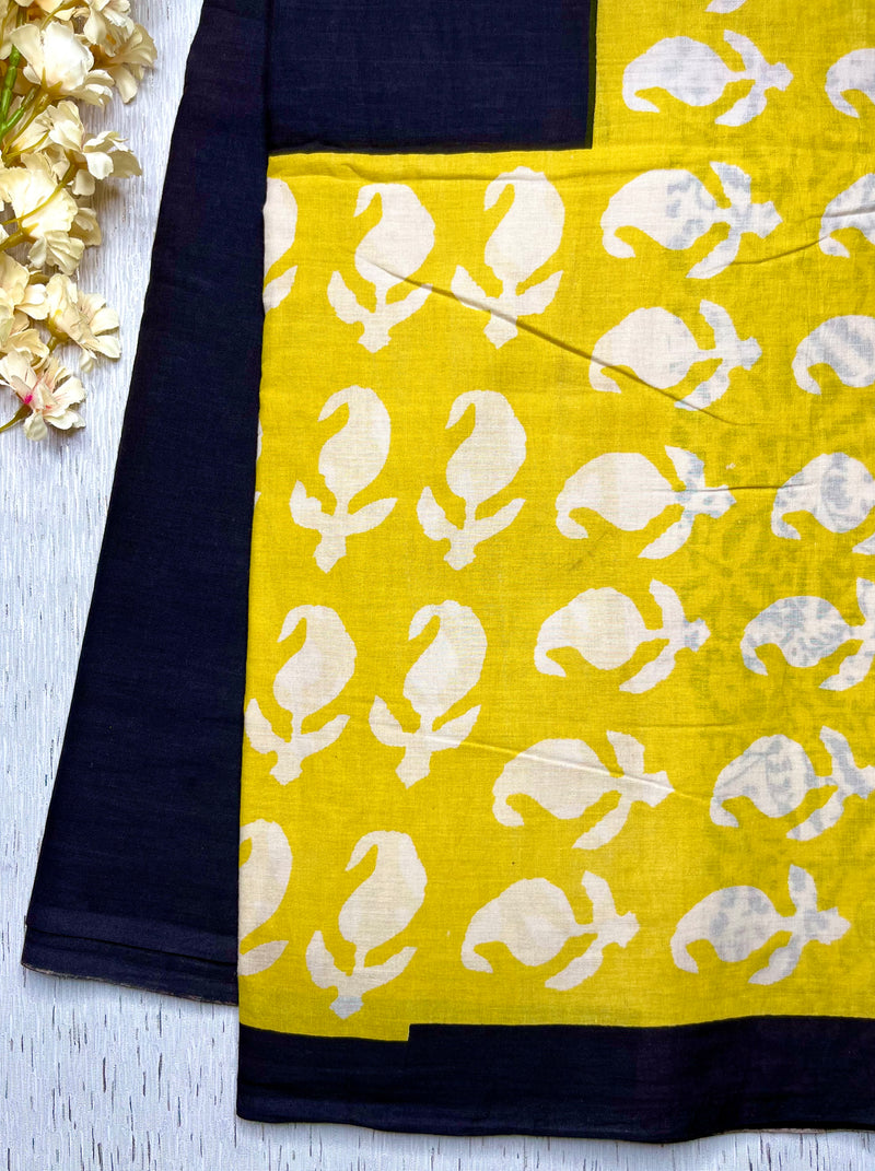 Handblock Printed Cotton Saree -  Pearl Black + Sunflower Yellow