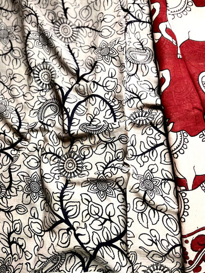 Handcrafted Kalamkari Cotton Saree - Persian Maroon + Soft Cream