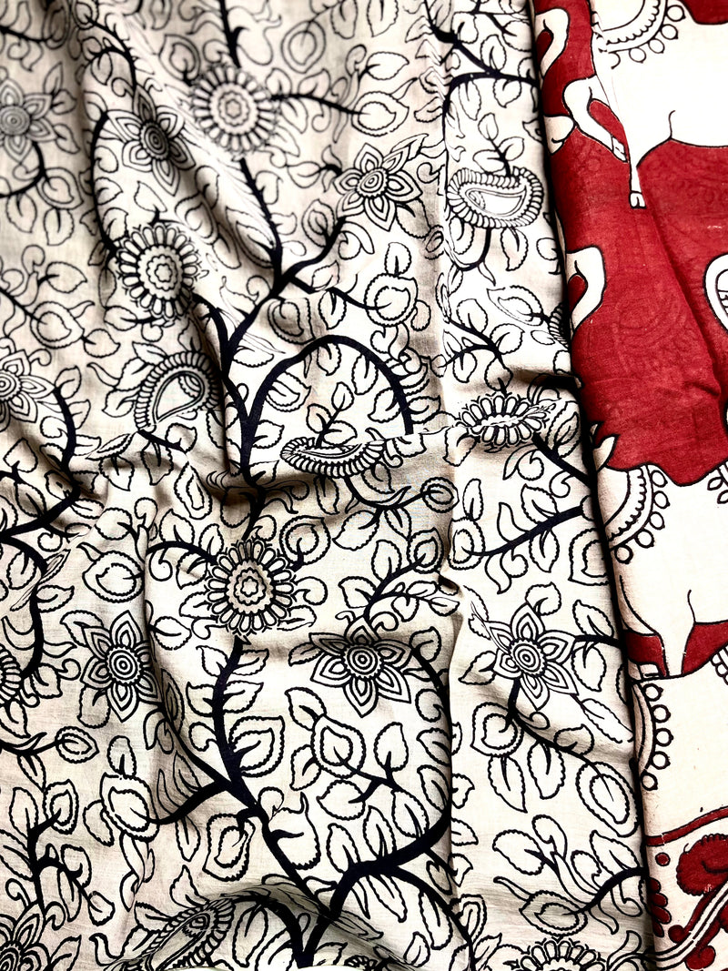 Handcrafted Kalamkari Cotton Saree - Persian Maroon + Soft Cream