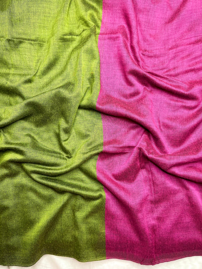 Khadi Cotton Saree - Olive Green+ Mulberry Pink