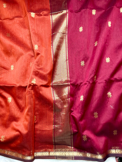 Handwoven Maheshwari Silk Cotton Saree -  Mexican Orange + Flush Maroon