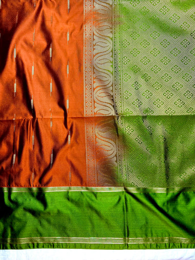 Soft Silk Saree  -  Rust Orange + Turtle Green
