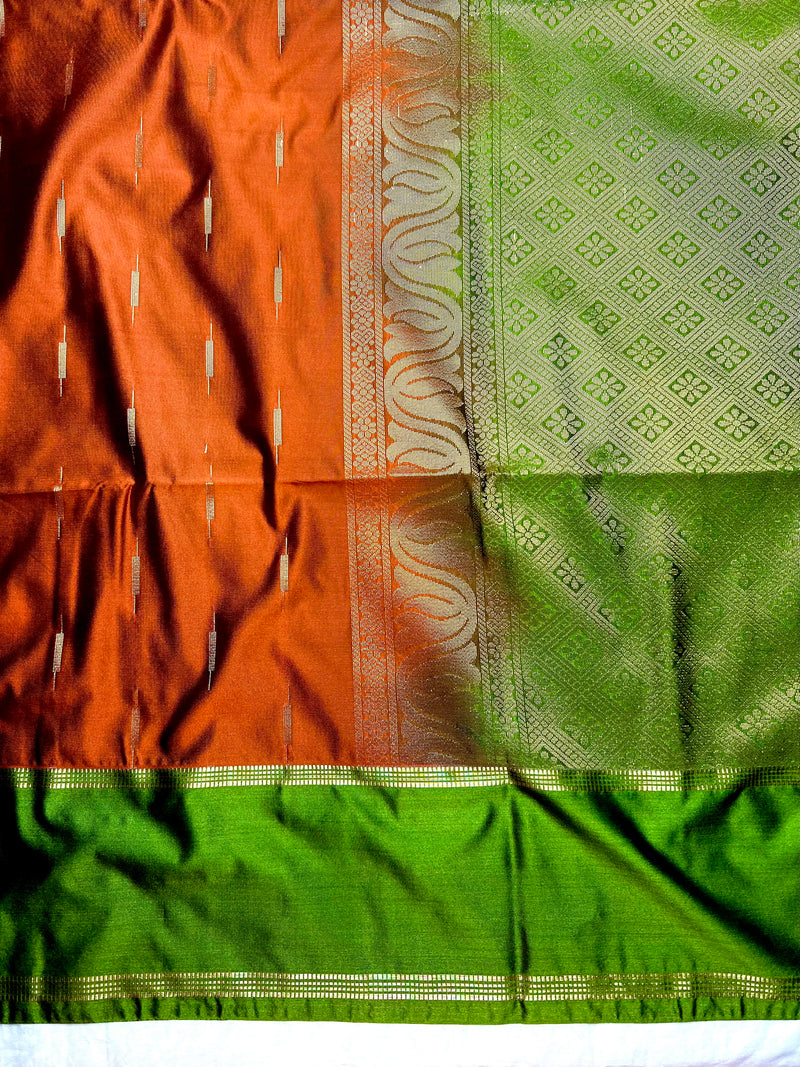 Soft Silk Saree  -  Rust Orange + Turtle Green