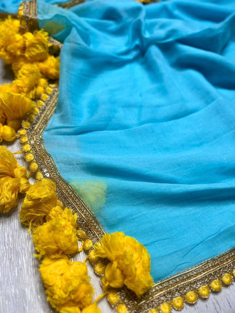 Handcrafted Cotton Saree - Sky Blue+ Lemon Yellow