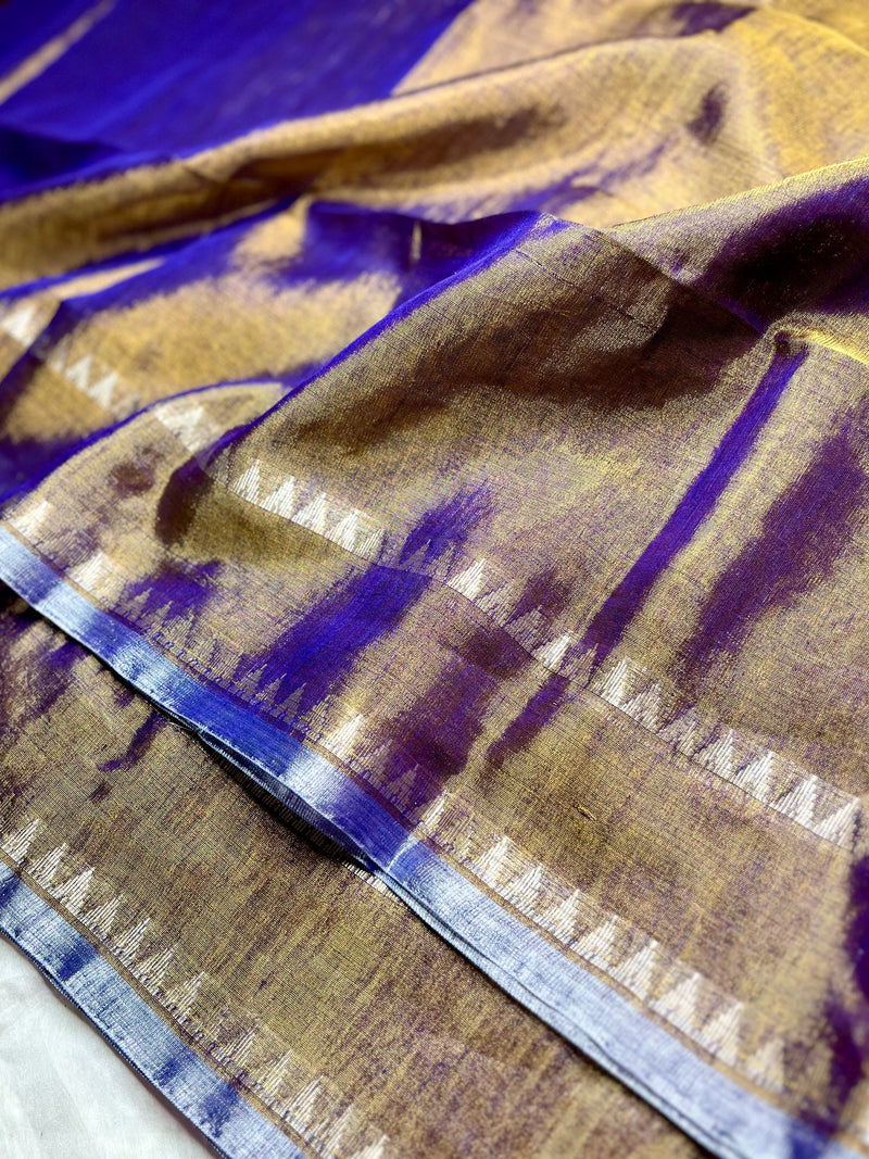 Handwoven Metallic Linen Tissue Saree -Copper Blue + Gold