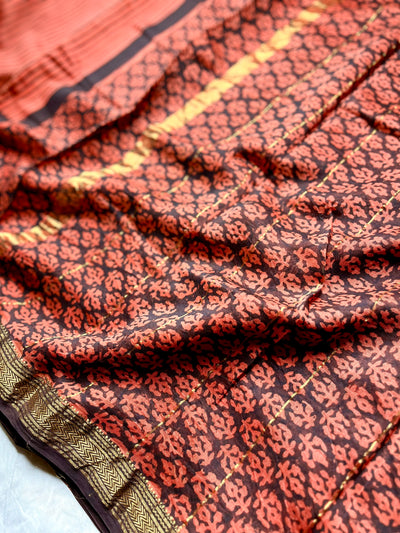 Handblock Printed Silk Cotton Saree - Thunderbird Red + Russian Black