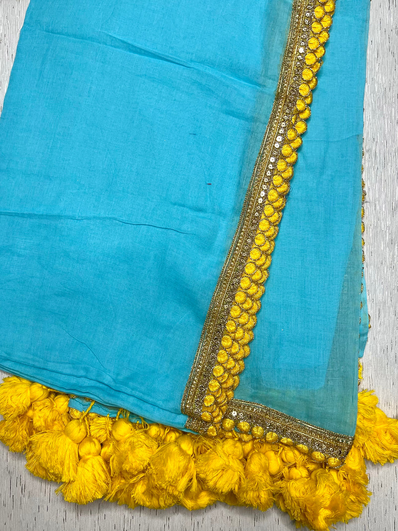 Handcrafted Cotton Saree - Sky Blue+ Lemon Yellow