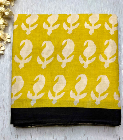 Handblock Printed Cotton Saree -  Pearl Black + Sunflower Yellow