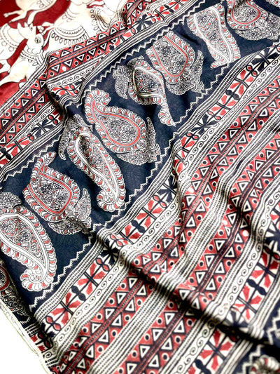 Handcrafted Kalamkari Cotton Saree - Persian Maroon + Soft Cream