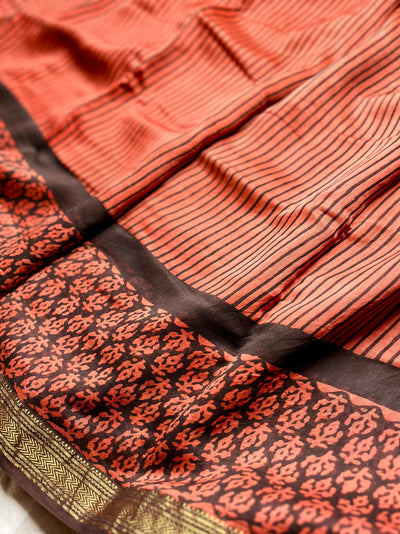 Handblock Printed Silk Cotton Saree - Thunderbird Red + Russian Black