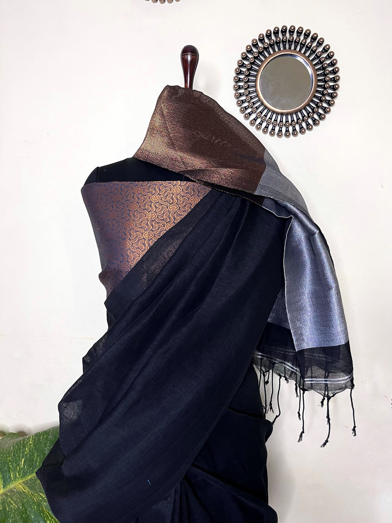 Handwoven Linen Cotton Saree - Black + Gold