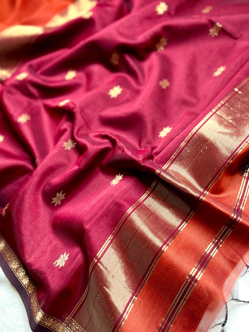 Handwoven Maheshwari Silk Cotton Saree -  Mexican Orange + Flush Maroon