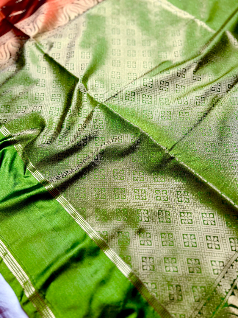 Soft Silk Saree  -  Rust Orange + Turtle Green