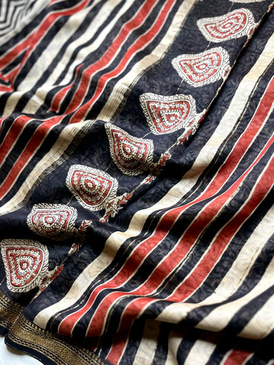 Handblock Printed Silk Cotton Saree - Pearl Black + Soft Peach