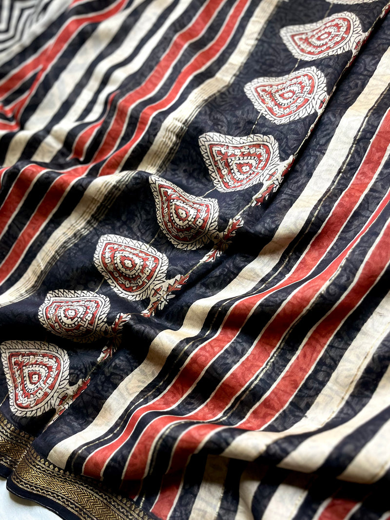 Handblock Printed Silk Cotton Saree - Pearl Black + Soft Peach