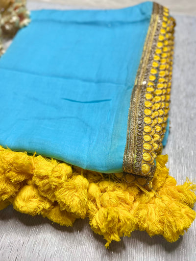 Handcrafted Cotton Saree - Sky Blue+ Lemon Yellow