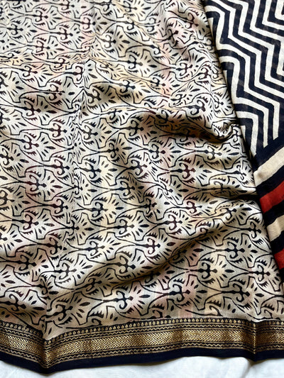 Handblock Printed Silk Cotton Saree - Pearl Black + Soft Peach