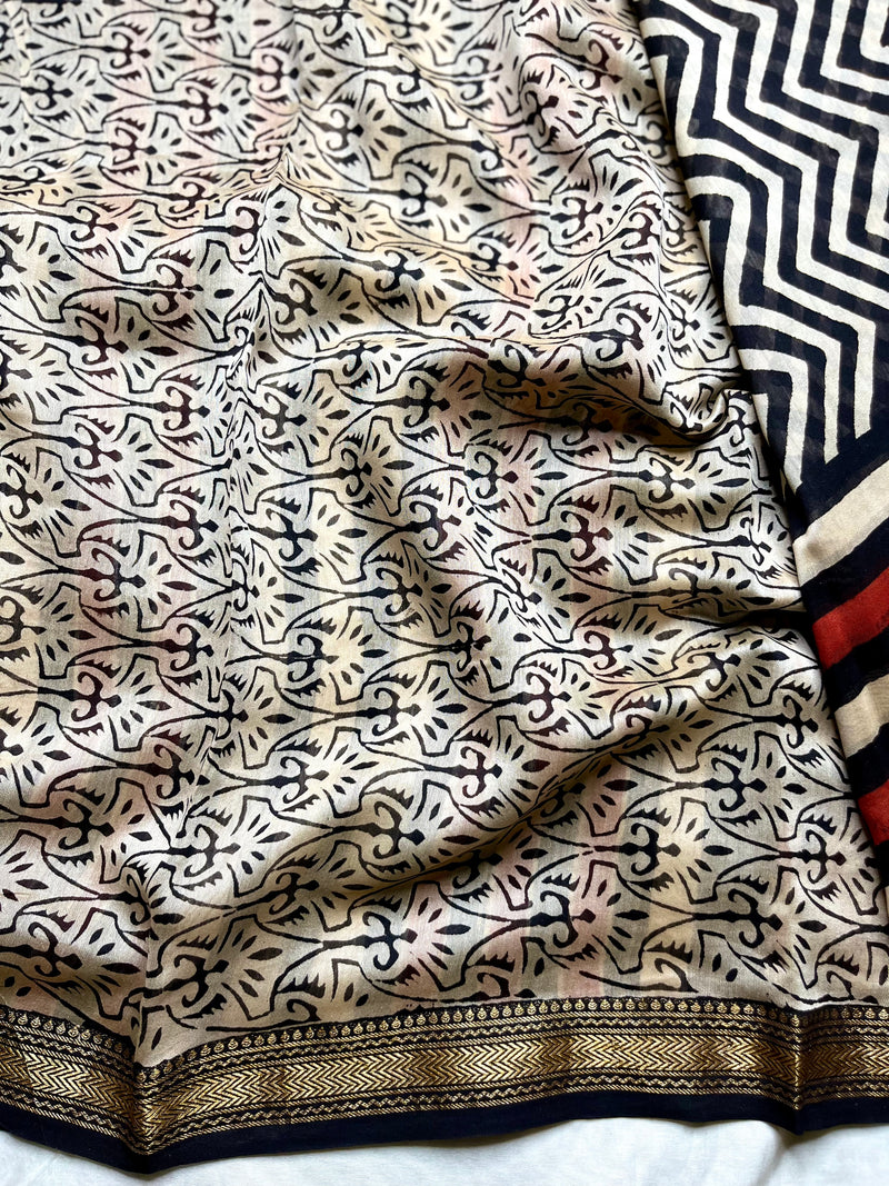 Handblock Printed Silk Cotton Saree - Pearl Black + Soft Peach