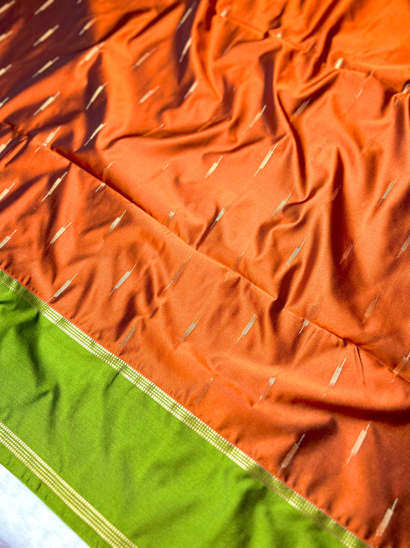 Soft Silk Saree  -  Rust Orange + Turtle Green