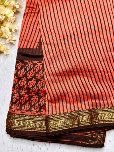 Handblock Printed Silk Cotton Saree - Thunderbird Red + Russian Black