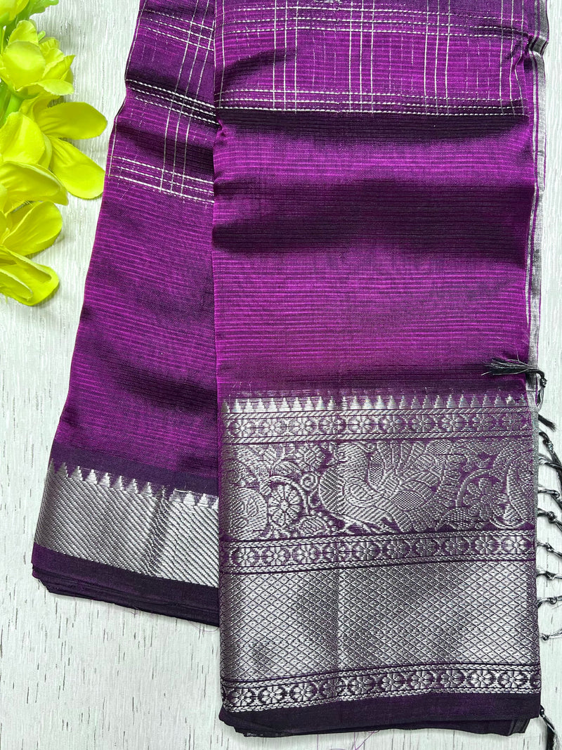 Handwoven Mangalgiri Silk Cotton Saree - Eggplant Violet+ Silver