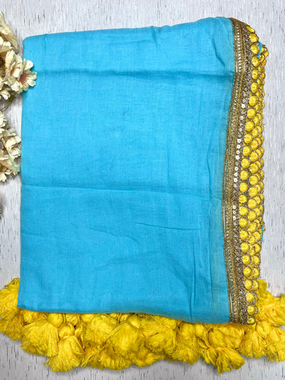 Handcrafted Cotton Saree - Sky Blue+ Lemon Yellow