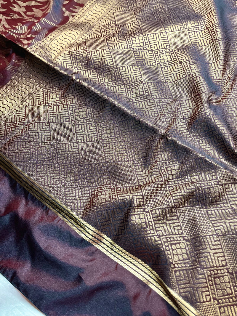 Soft Silk Saree  - Brown Derby + Golden Zari