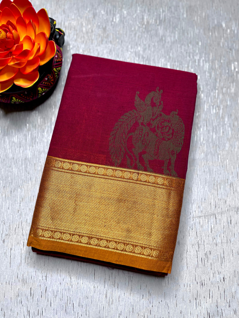 Kanchi Cotton Saree -  Mulberry Red + Fiery Orange