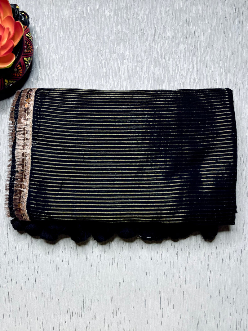 Handwoven Cotton Saree - Pearl Black + Gold