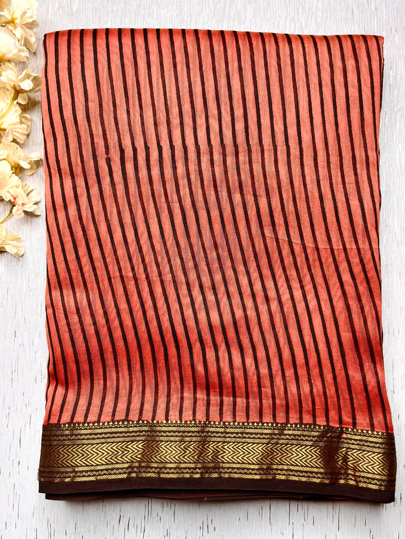 Handblock Printed Silk Cotton Saree - Thunderbird Red + Russian Black