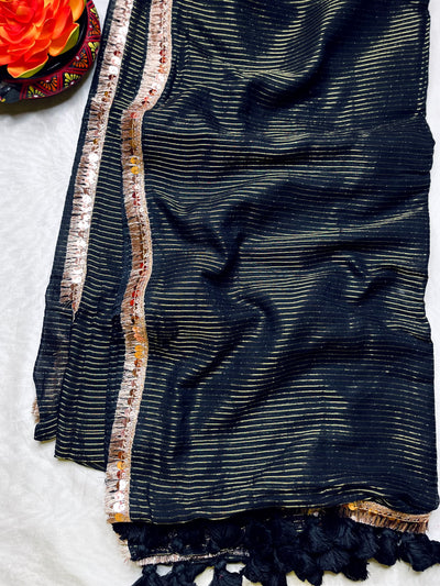 Handwoven Cotton Saree - Pearl Black + Gold