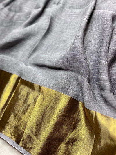 Handwoven Linen Saree - French Gray+ Gold