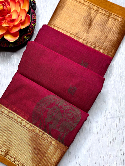 Kanchi Cotton Saree -  Mulberry Red + Fiery Orange