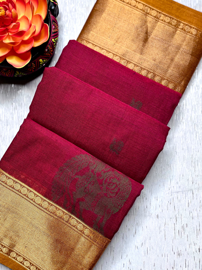 Kanchi Cotton Saree -  Mulberry Red + Fiery Orange