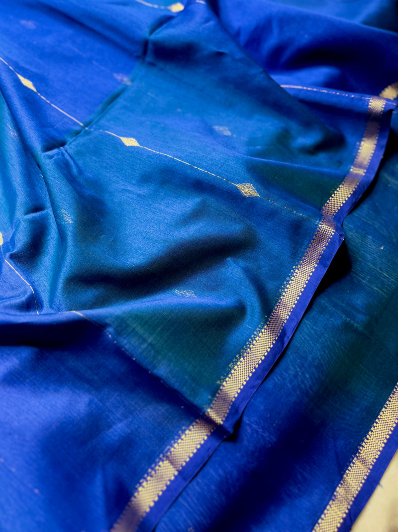 Handwoven Maheshwari Silk Cotton Saree - Cobalt Blue