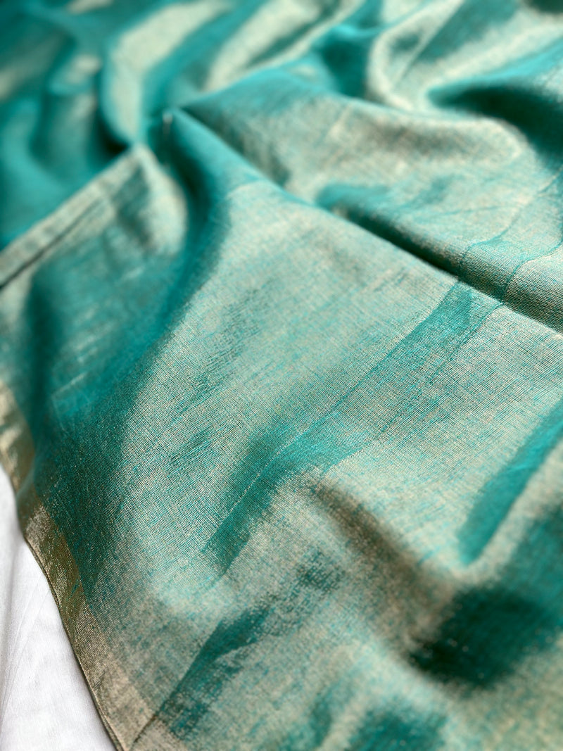 Handwoven Metallic Linen Tissue Saree - Fountain Blue