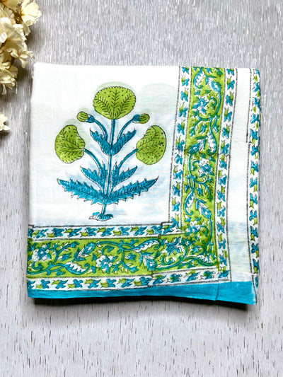 Handblock Printed Cotton Saree -  French White + Blue Green