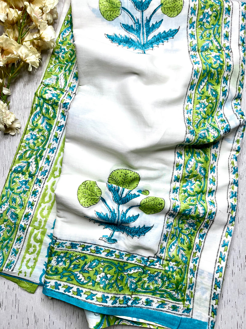 Handblock Printed Cotton Saree -  French White + Blue Green
