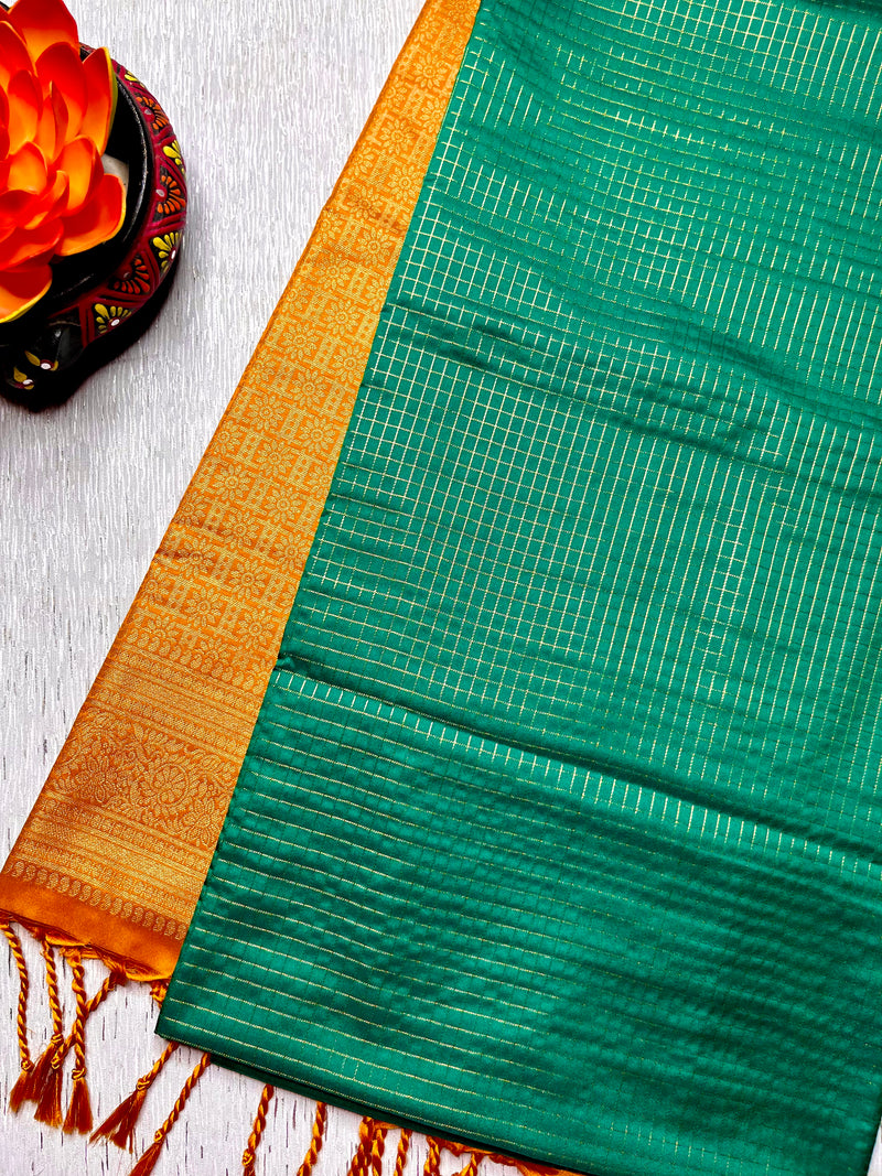 Soft Silk Saree  - Turquoise + Mango Yellow