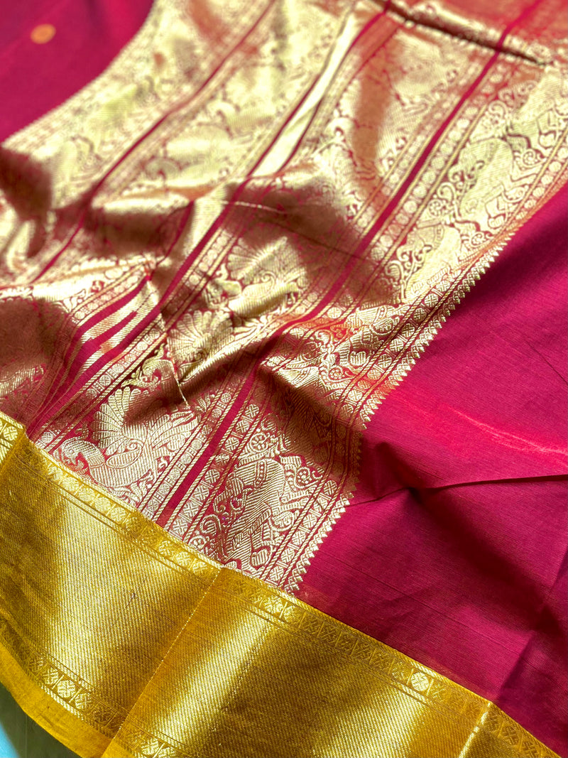 Kanchi Cotton Saree -  Mulberry Red + Fiery Orange