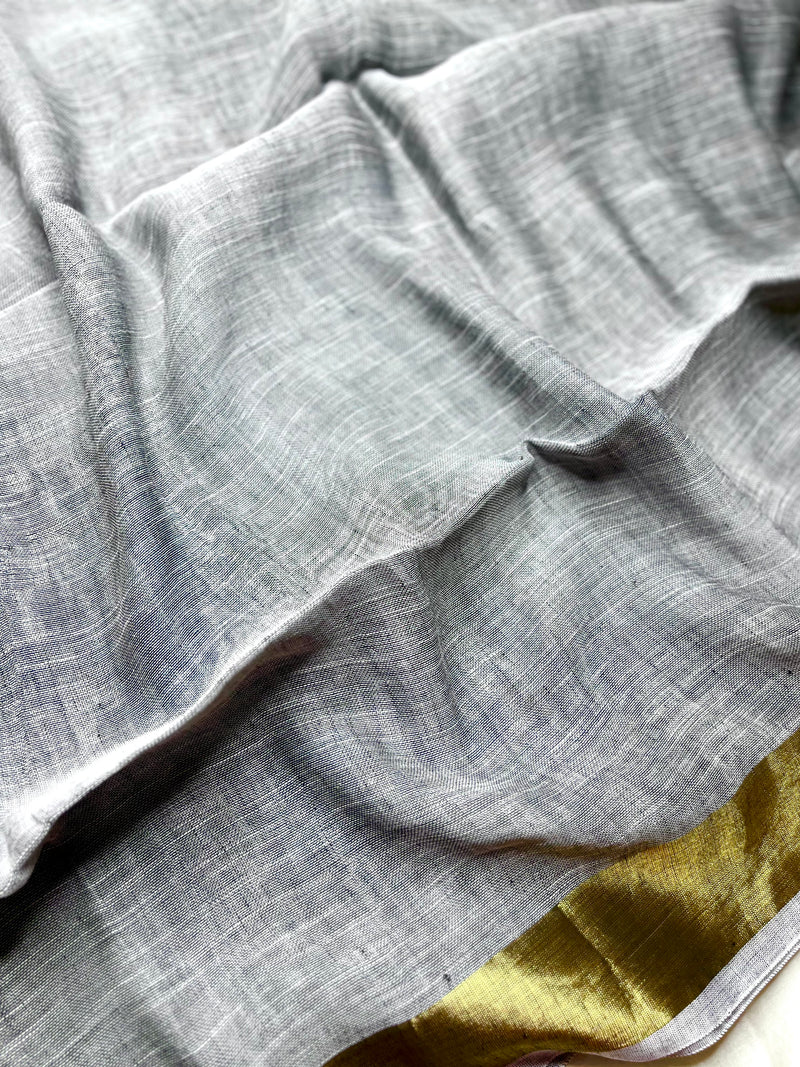 Handwoven Linen Saree - French Gray+ Gold