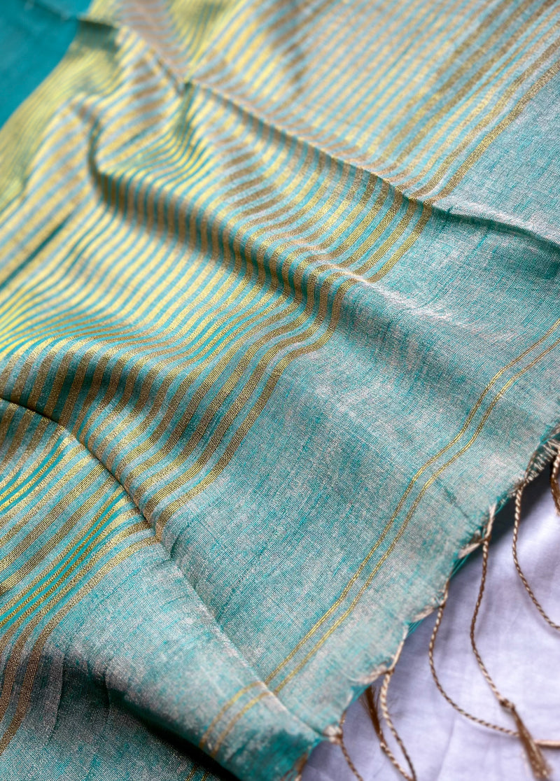 Handwoven Metallic Linen Tissue Saree - Fountain Blue