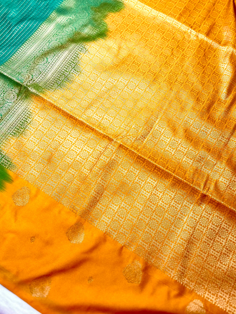 Soft Silk Saree  - Turquoise + Mango Yellow